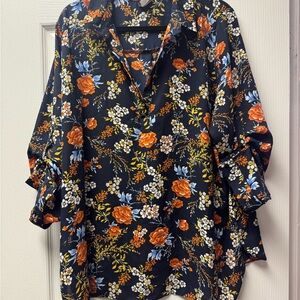 Floral Women's Top - Navy and Orange